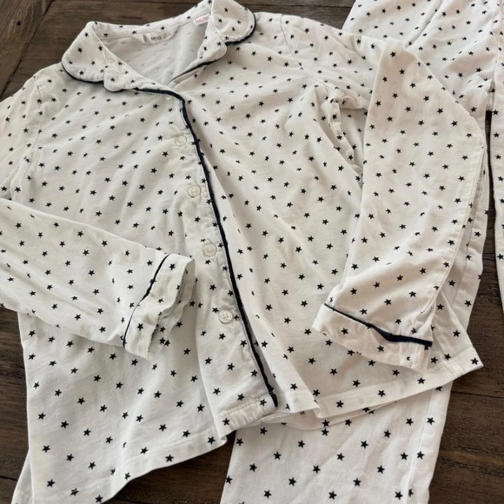 MNG Mango Kids White Black Star‎ Print Cotton Pajama Set Size 11-12 Girls PJs